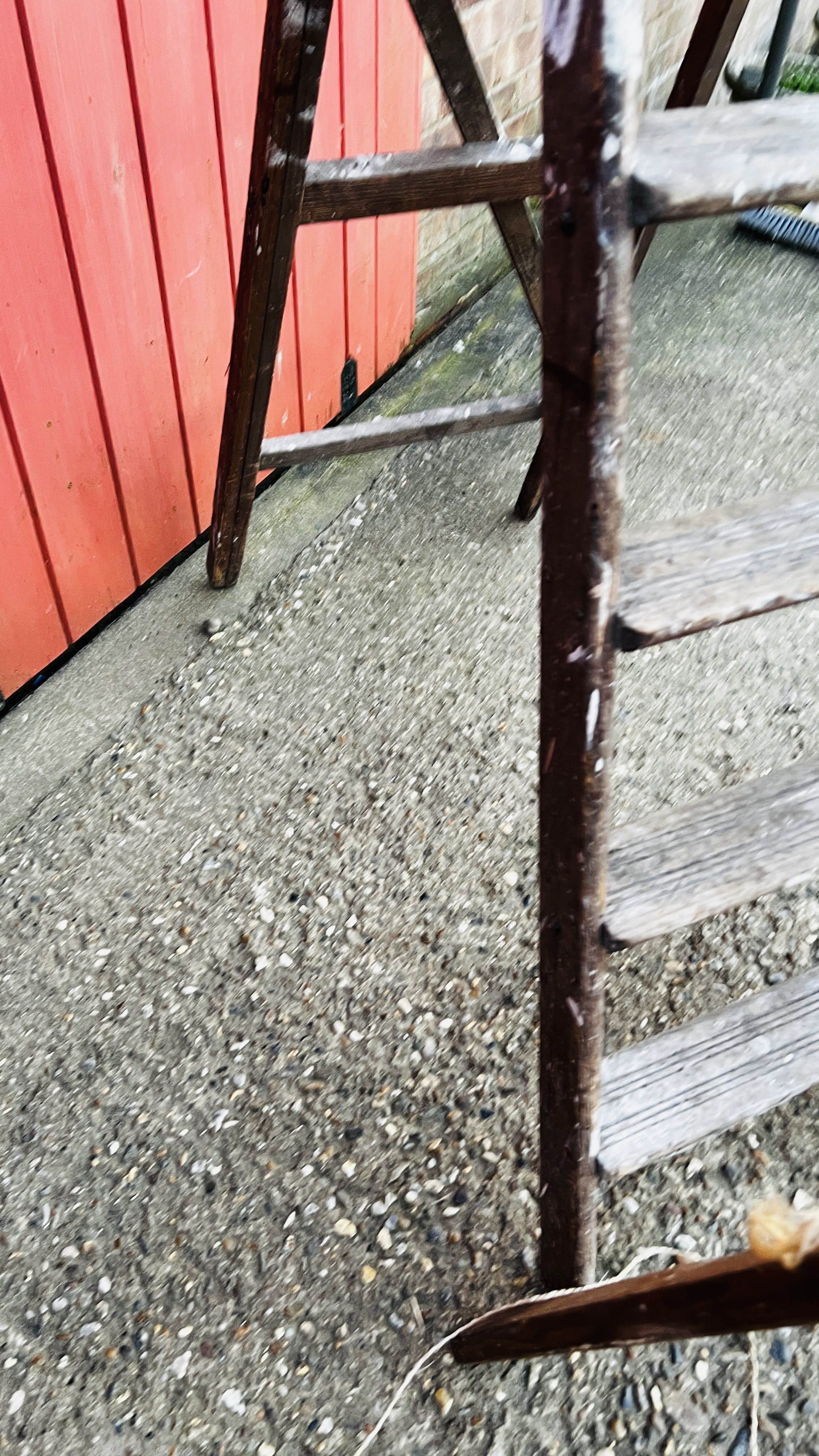 TWO SETS OF VINTAGE WOODEN LADDERS ONE HAVING PLAQUE TITLED "STEPHENS & CARTER LTD" LONDON - Image 8 of 16