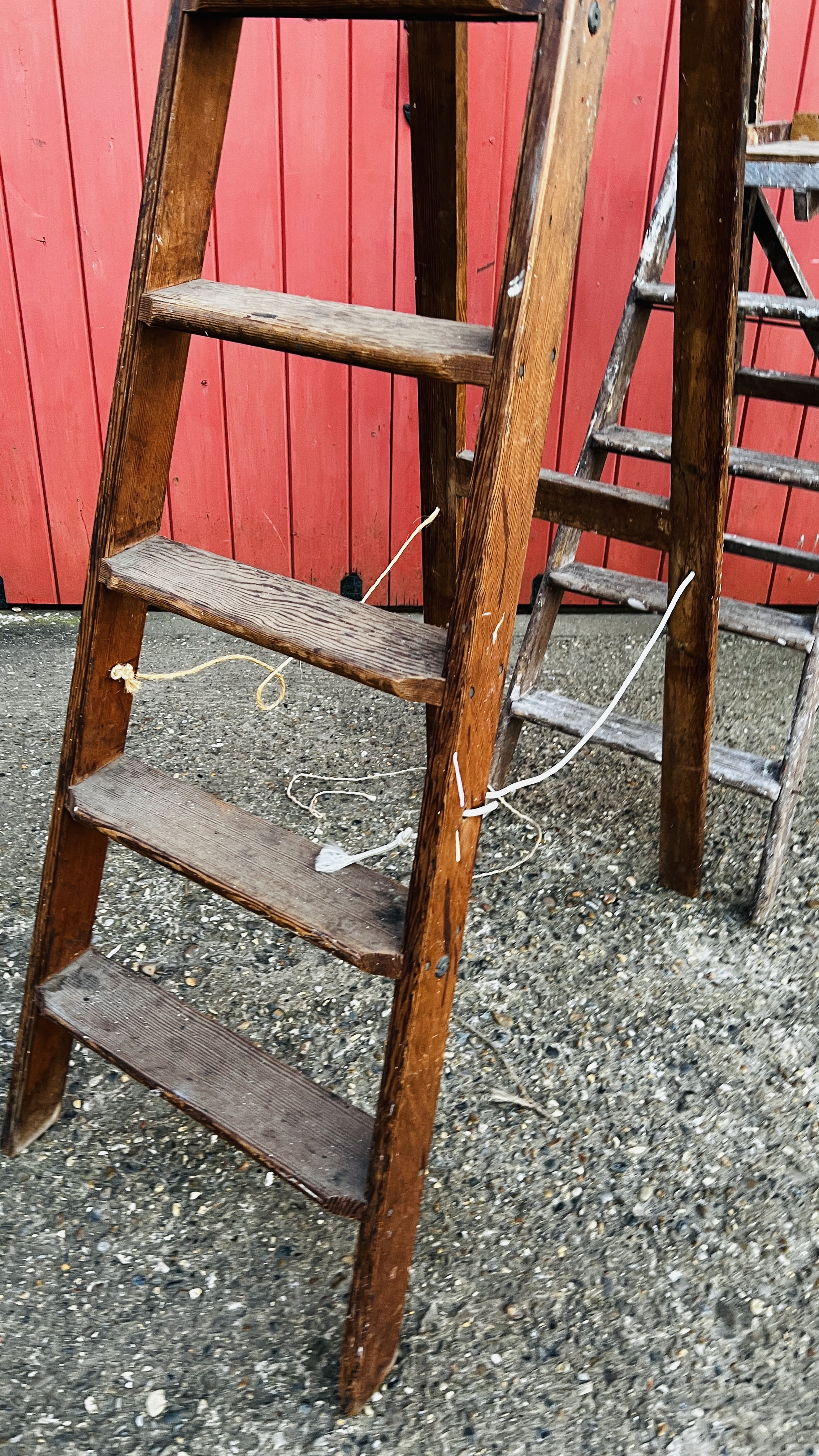 TWO SETS OF VINTAGE WOODEN LADDERS ONE HAVING PLAQUE TITLED "STEPHENS & CARTER LTD" LONDON - Image 15 of 16