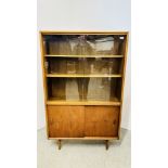 MID CENTURY TEAK GLAZED TOP DISPLAY CABINET BY HERBERT GIBBS WITH TWO DOOR SLIDING CUPBOARD BASE W