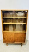 MID CENTURY TEAK GLAZED TOP DISPLAY CABINET BY HERBERT GIBBS WITH TWO DOOR SLIDING CUPBOARD BASE W