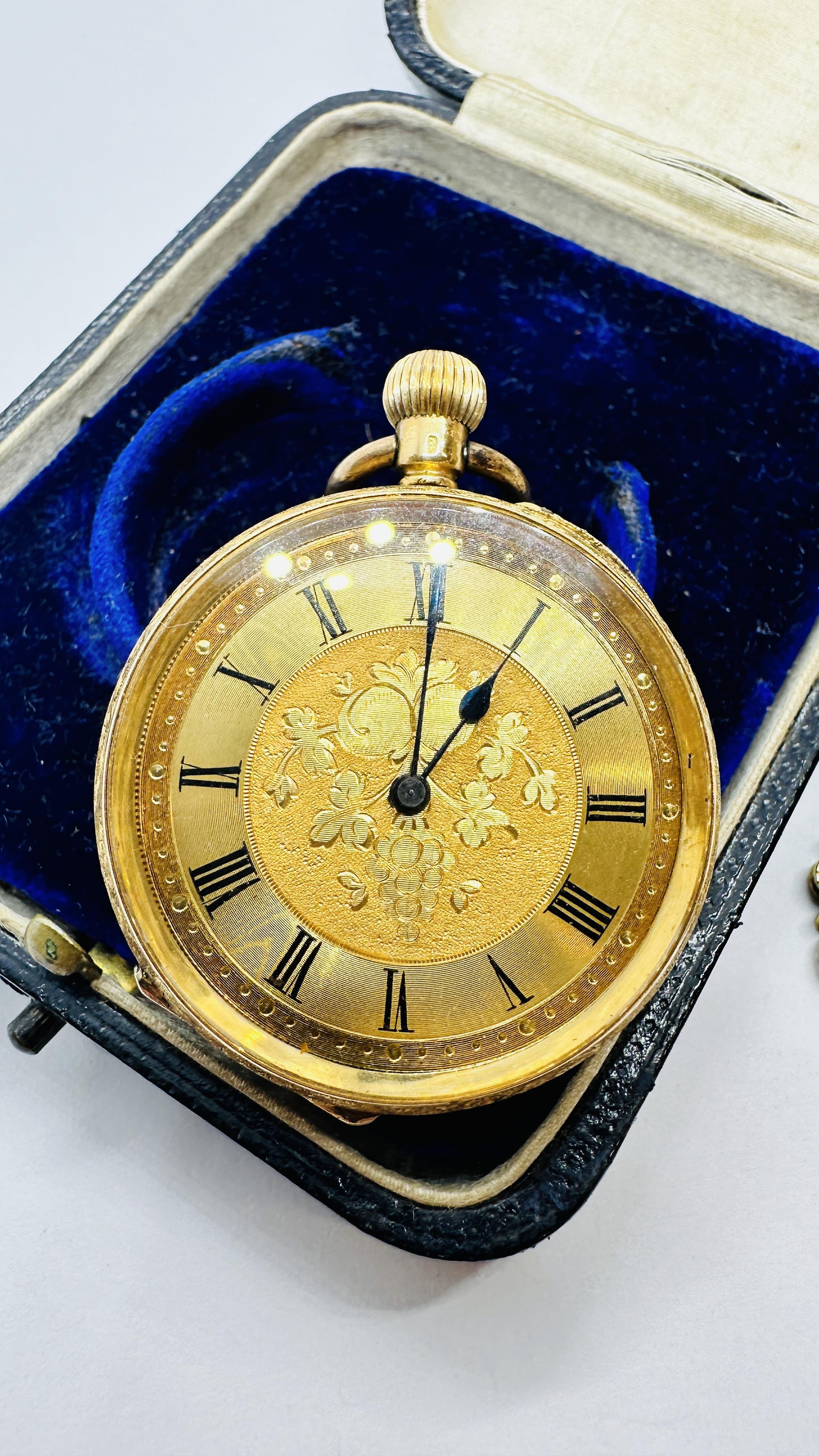 AN ELABORATE ANTIQUE 18CT GOLD CASED HALF HUNTER POCKET WATCH ALONG WITH A WOVEN WATCH CHAIN, - Image 8 of 17