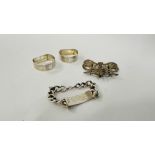 TWO SILVER NAPKIN RINGS, BIRMINGHAM ASSAY ALONG WITH A VINTAGE SILVER BELT BUCKLE,