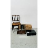 ANTIQUE OAK COUNTRY CHAIR, MAHOGANY 2 DRAWER TOILET MIRROR, WICKER BASKET AND BLACK METAL CASH TIN.
