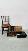 ANTIQUE OAK COUNTRY CHAIR, MAHOGANY 2 DRAWER TOILET MIRROR, WICKER BASKET AND BLACK METAL CASH TIN.