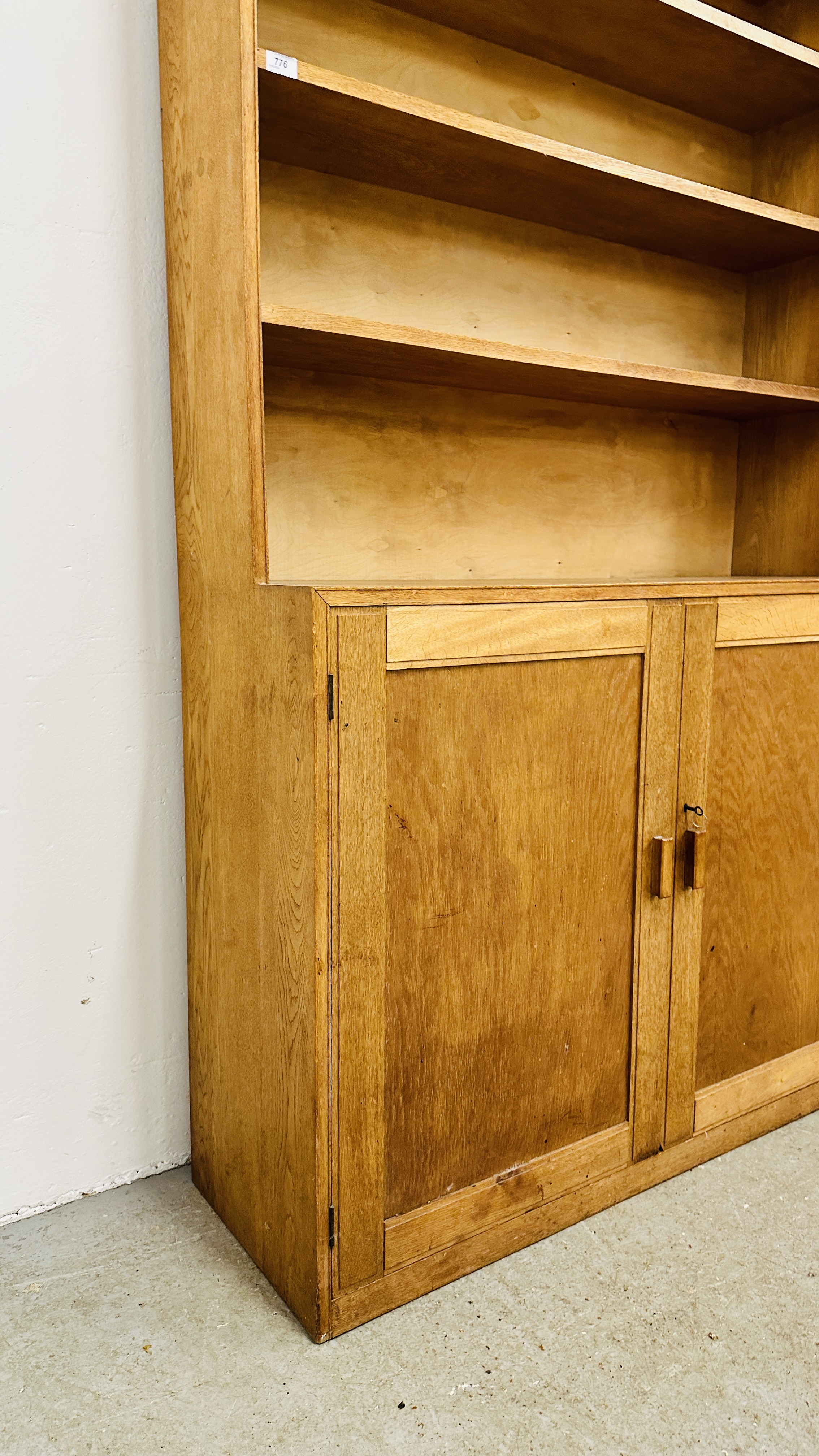 OAK FRAMED TWO DOOR CUPBOARD WITH 3 TIER UPSTAND W 120CM X D 41CM X H 199CM. - Image 10 of 12