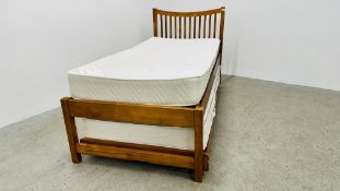 MODERN PINE FRAME SINGLE BED WITH TRUNDLE BED BELOW BOTH WITH MATTRESSES.