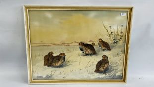 WATERCOLOUR "ENGLISH PARTRIDGES ON A WINTERS DAY" BEARING SIGNATURE R.W. MILLIKEN 54CM X 73CM.