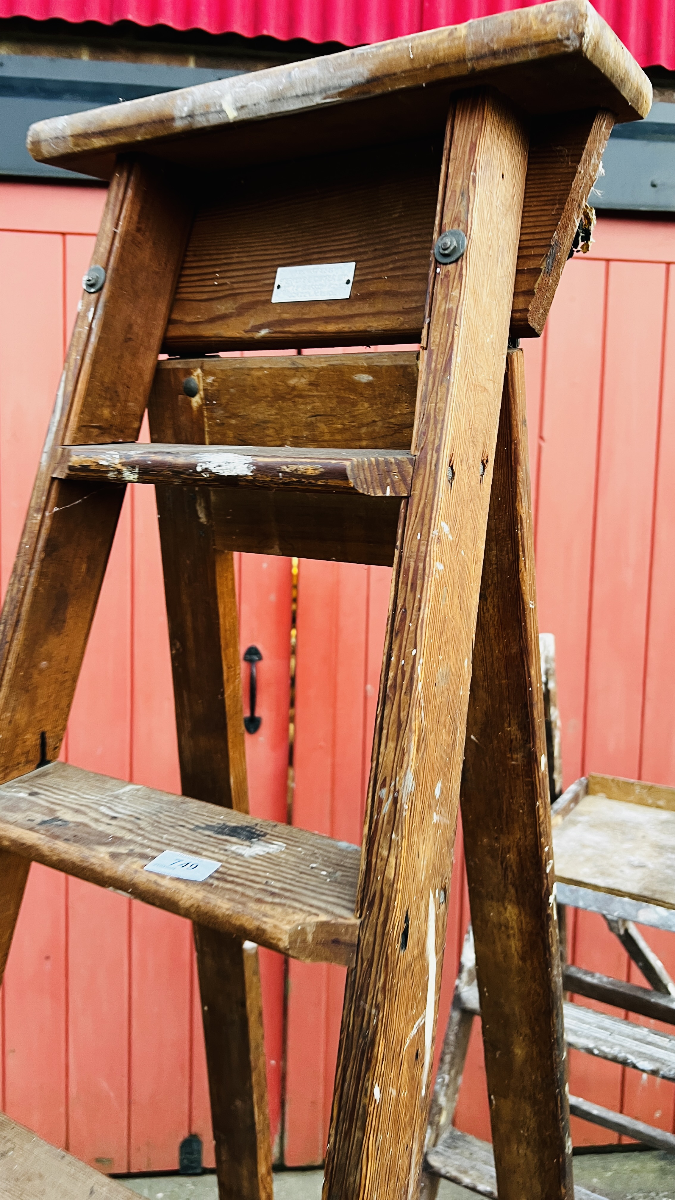 TWO SETS OF VINTAGE WOODEN LADDERS ONE HAVING PLAQUE TITLED "STEPHENS & CARTER LTD" LONDON - Image 13 of 16