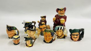 A COLLECTION OF 11 ROYAL DOULTON CHARACTER JUGS OF VARYING SIZES TO INCLUDE MINIATURE EXAMPLES.