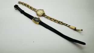 A VINTAGE 9CT GOLD CASED WRIST WATCH MARKED "DOT" ON AN ELABORATE ROLLED GOLD STRAP + A FURTHER