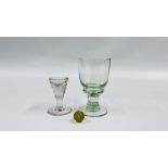 A VINTAGE GLASS GOBLET H 14CM AND A VINTAGE GLASS "PENNY LICK" ICE CREAM HOLDER H 9CM (SMALL NICK