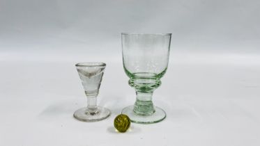 A VINTAGE GLASS GOBLET H 14CM AND A VINTAGE GLASS "PENNY LICK" ICE CREAM HOLDER H 9CM (SMALL NICK