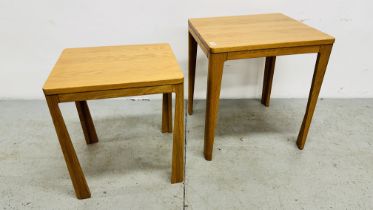 TWO MODERN SOLID LIGHT OAK SIDE TABLES.