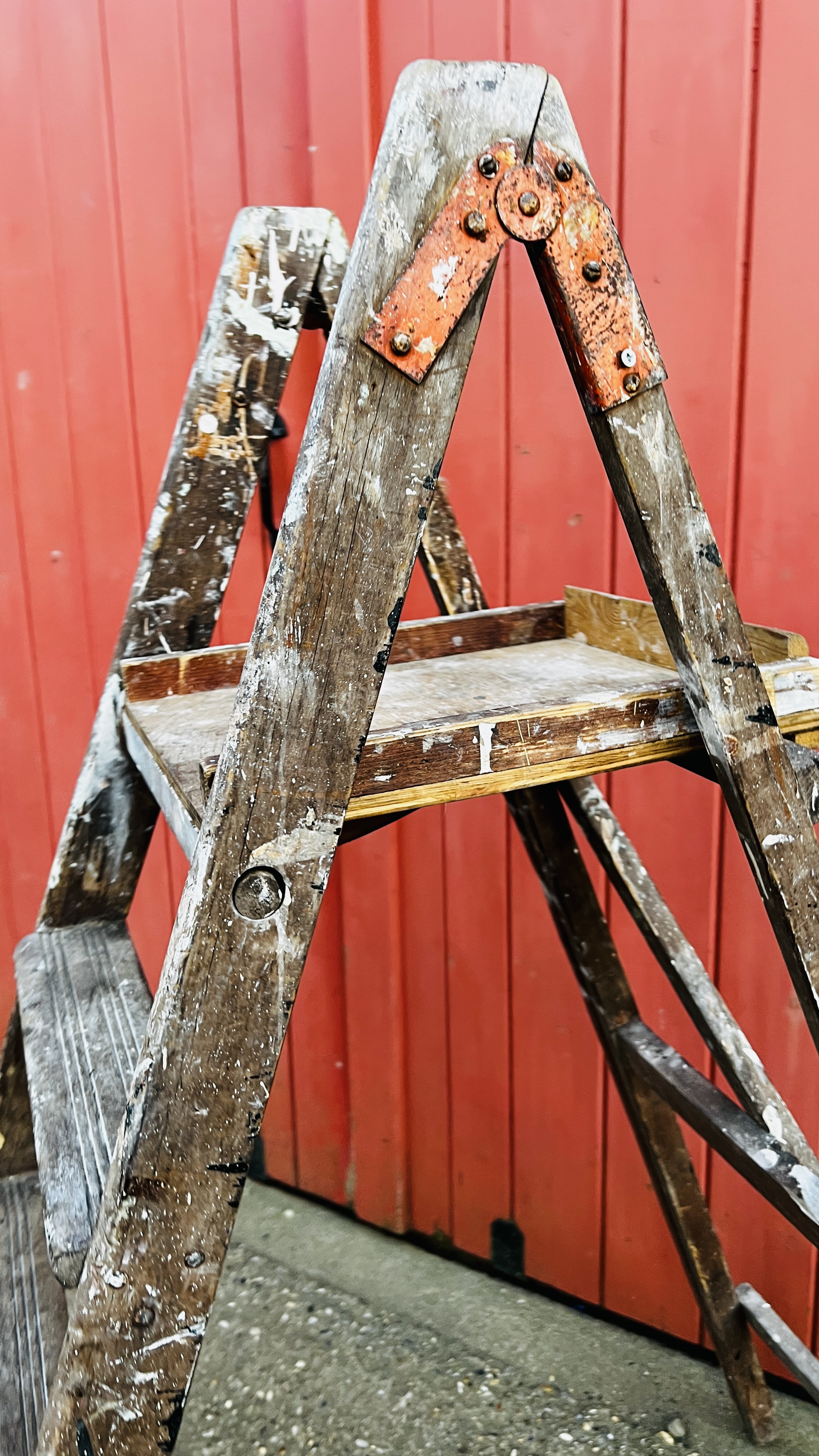 TWO SETS OF VINTAGE WOODEN LADDERS ONE HAVING PLAQUE TITLED "STEPHENS & CARTER LTD" LONDON - Image 4 of 16