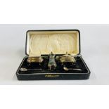 AN ANTIQUE SILVER THREE PIECE CONDIMENT, BIRMINGHAM ASSAY IN AN ORIGINAL FITTED VELVET LINED BOX.