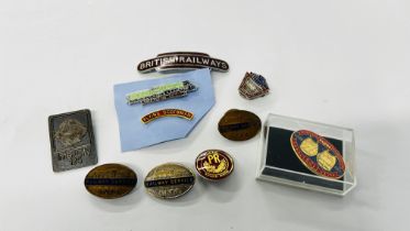 A COLLECTION OF ASSORTED VINTAGE RAILWAY RELATED BADGES TO INCLUDE ENAMELED EXAMPLES.