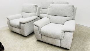 A GOOD QUALITY MODERN STONE UPHOLSTERED THREE PIECE ELECTRIC RECLINING LOUNGE SUITE COMPRISING OF