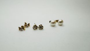 THREE PAIRS OF 9CT GOLD EARRINGS TO INCLUDE ONE PAIR OF PEARL AND TWO STONE SET.