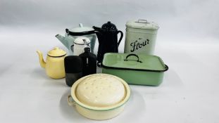 A BOX OF VINTAGE KITCHENALIA TO INCLUDE ENAMELED KETTLES, FLOUR BIN, ETC AND TWO VINTAGE HIP FLASKS.