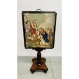 AN ANTIQUE FIRE SCREEN INSERTED WITH WOVEN PANEL DEPICTING MOSES READING THE 10 COMMANDMENTS - H