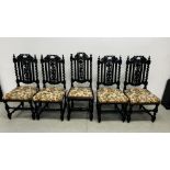5 C19TH OAK CARVED FRAMED DINING CHAIRS.