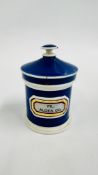 A VINTAGE CERAMIC APOTHECARY DRUG JAR TITLED "PIL:ALOES CO:" (LID A/F) H 12.5CM.