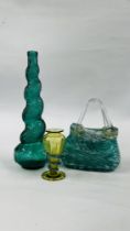 A VINTAGE GREEN GLASS BOTTLE MARKED "SHONFELDS" ALONG WITH AN ART GLASS BASKET AND A VICTORIAN