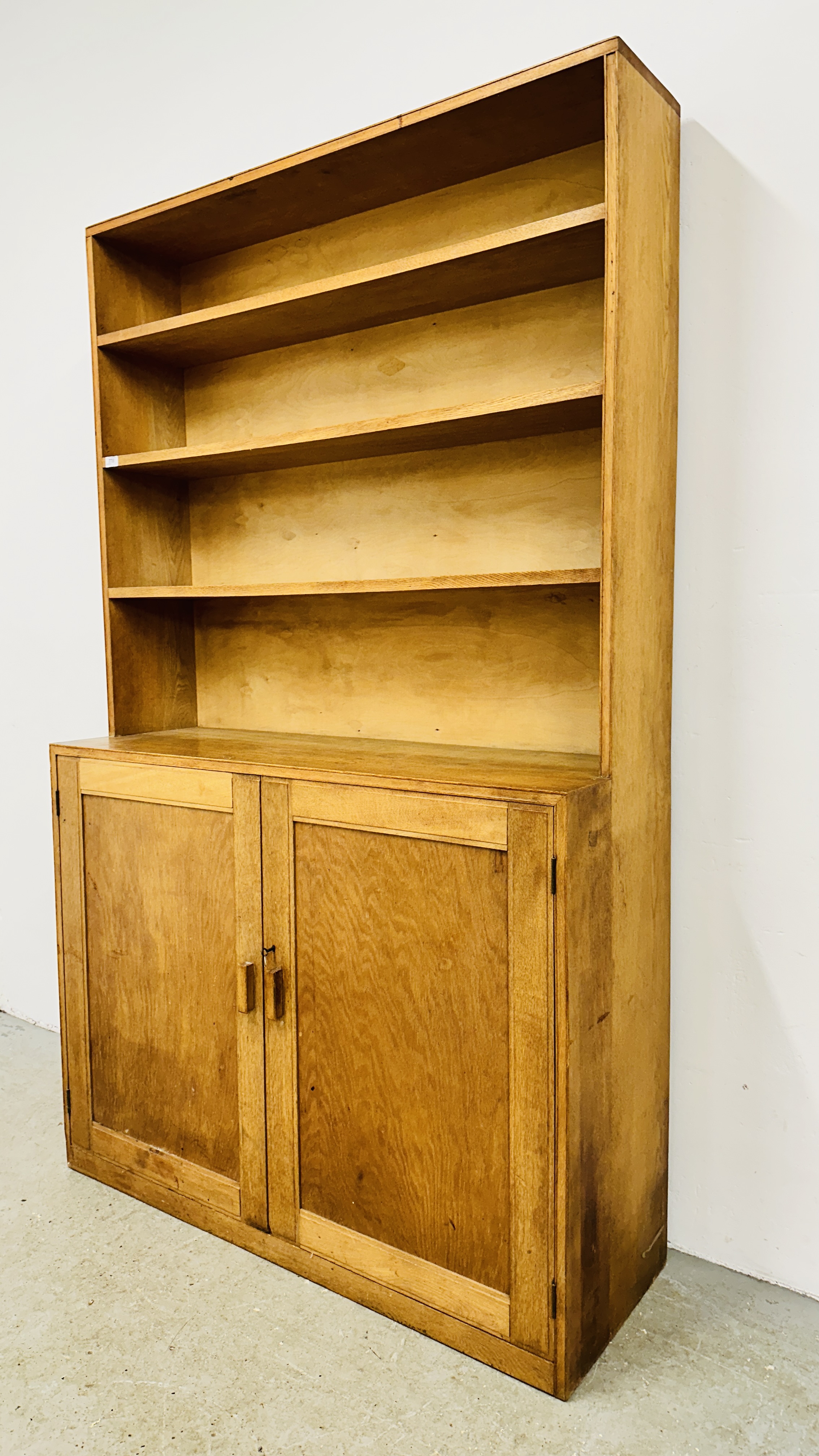 OAK FRAMED TWO DOOR CUPBOARD WITH 3 TIER UPSTAND W 120CM X D 41CM X H 199CM. - Image 2 of 12