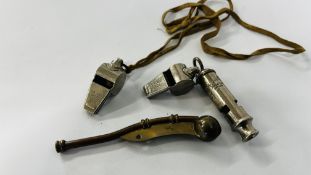 A GROUP OF FOUR VINTAGE WHISTLES TO INCLUDE "ACME" EXAMPLES.