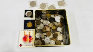 COINS: TIN OF MIXED COINS TO INCLUDE NEW ZEALAND 1989 SILVER PROOF DOLLAR,