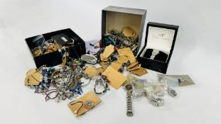 A SELECTION OF 2 BOXES OF COSTUME JEWELLERY ALONG WITH A SELECTION OF WATCHES.