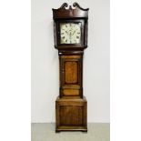 A LATE GEORGIAN OAK AND MAHOGANY EIGHT-DAY LONG CASE CLOCK WITH SUBSIDIARY SECONDS AND A CALENDAR