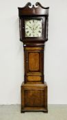 A LATE GEORGIAN OAK AND MAHOGANY EIGHT-DAY LONG CASE CLOCK WITH SUBSIDIARY SECONDS AND A CALENDAR