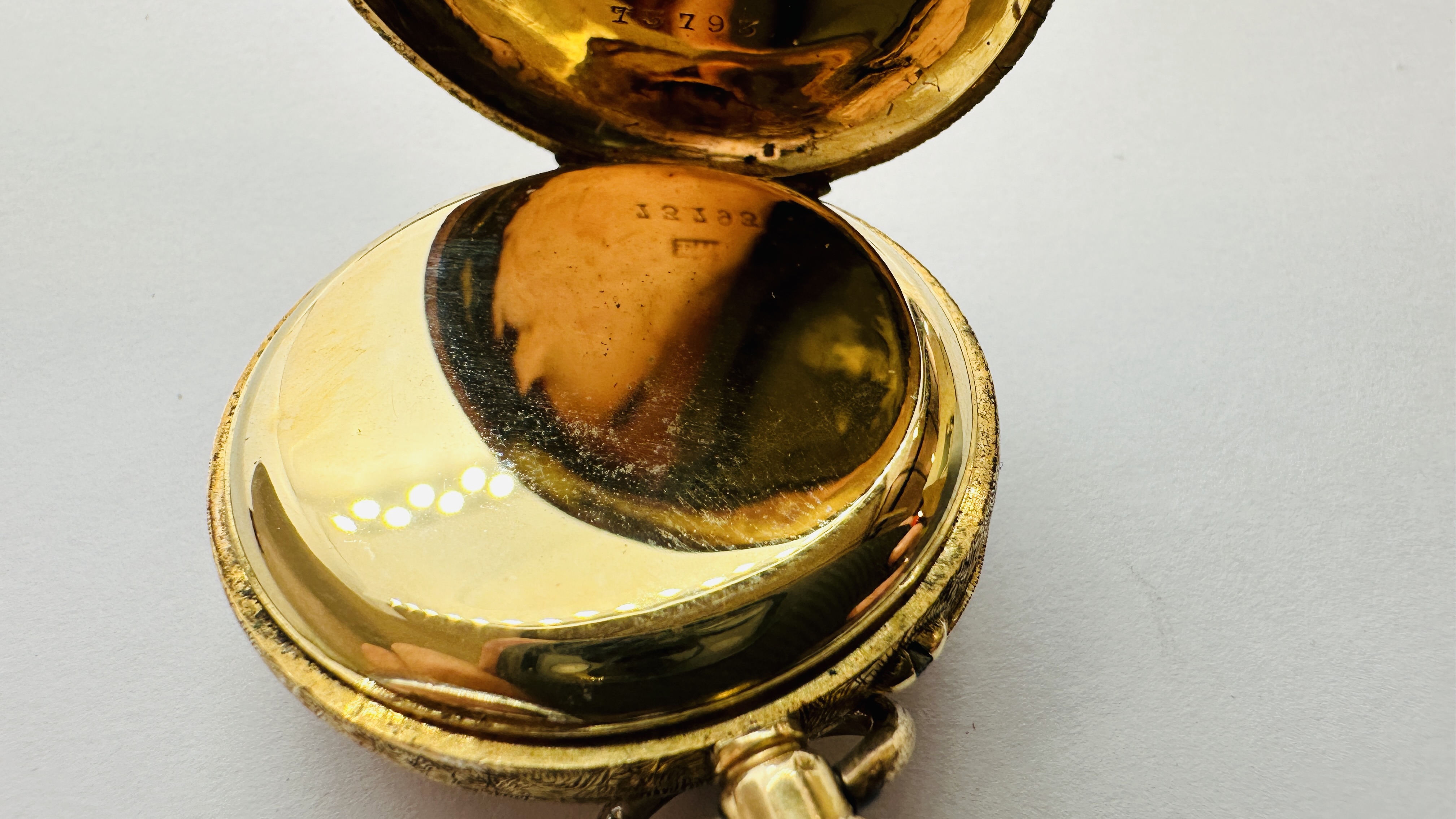 AN ELABORATE ANTIQUE 18CT GOLD CASED HALF HUNTER POCKET WATCH ALONG WITH A WOVEN WATCH CHAIN, - Image 17 of 17