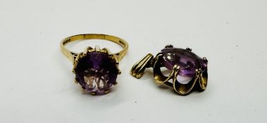 A 9CT GOLD SOLITAIRE RING SET WITH AN IMPRESSIVE AMETHYST ALONG WITH A SIMILAR 9CT GOLD PENDANT.