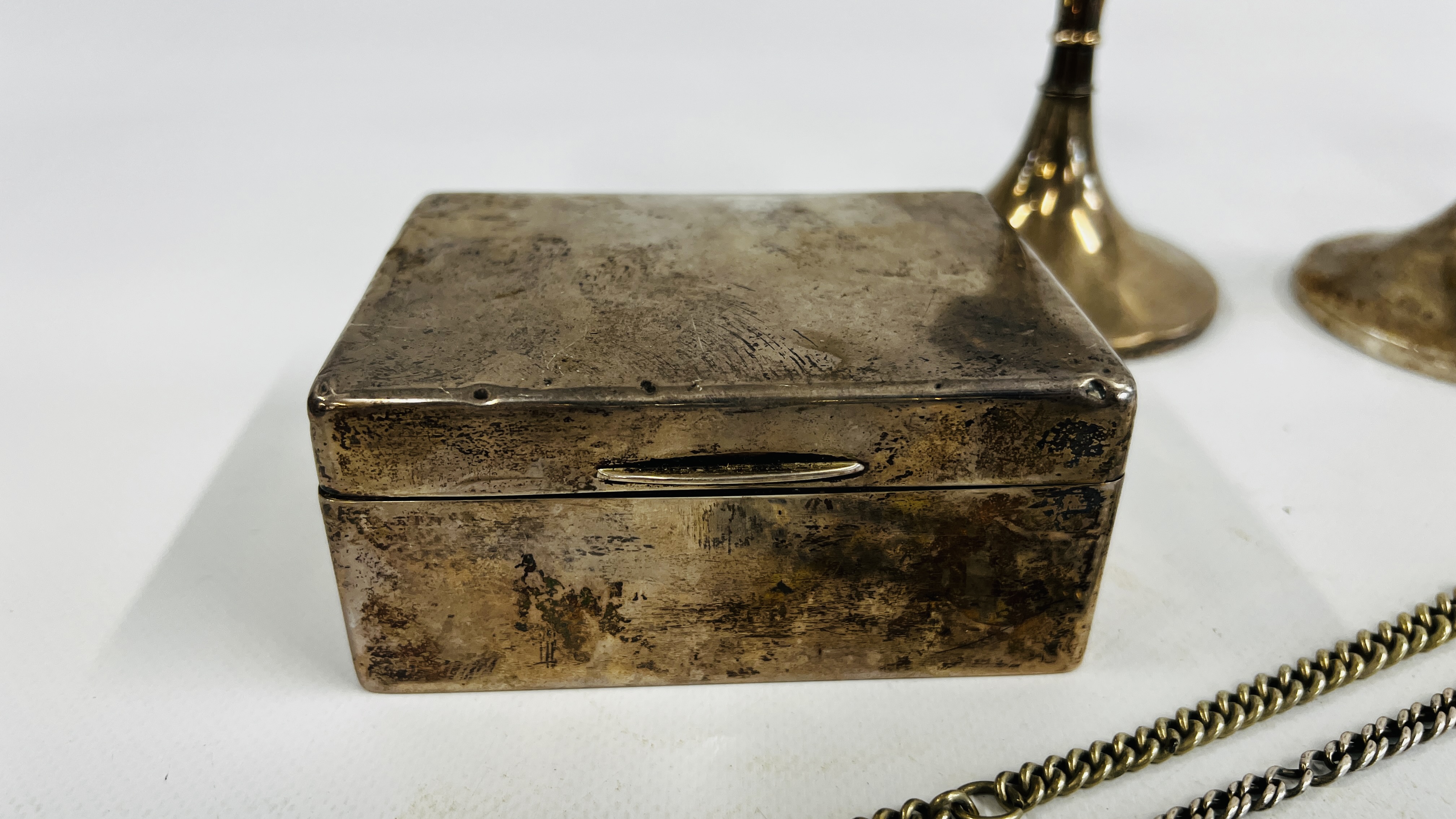 A SILVER CIGARETTE BOX ALONG WITH A SILVER WATCH CHAIN (BOX 11.25 X 8. - Image 2 of 17