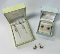 THREE PAIRS OF EARRINGS TO INCLUDE 14CT GOLD DROPS AND TWO PAIRS OF 9CT GOLD STONE SET EARRINGS.