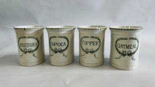 A SET OF FOUR VINTAGE PORCELAIN GRIMWADE STORAGE JARS COMPRISING "COFFEE", QUAKER OATS,