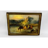 AN ORIGINAL FRAMED OIL ON CANVAS DEPICTING HIGHLAND CATTLE BEARING SIGNATURE, A/F.