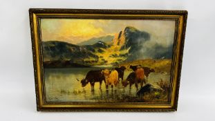 AN ORIGINAL FRAMED OIL ON CANVAS DEPICTING HIGHLAND CATTLE BEARING SIGNATURE, A/F.