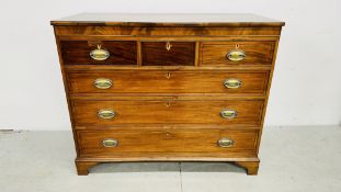 AN ANTIQUE MAHOGANY 3 OVER 3 DRAWER CHEST WITH INLAID DETAIL AND BRASS HANDLES W 123CM X D 54CM X H