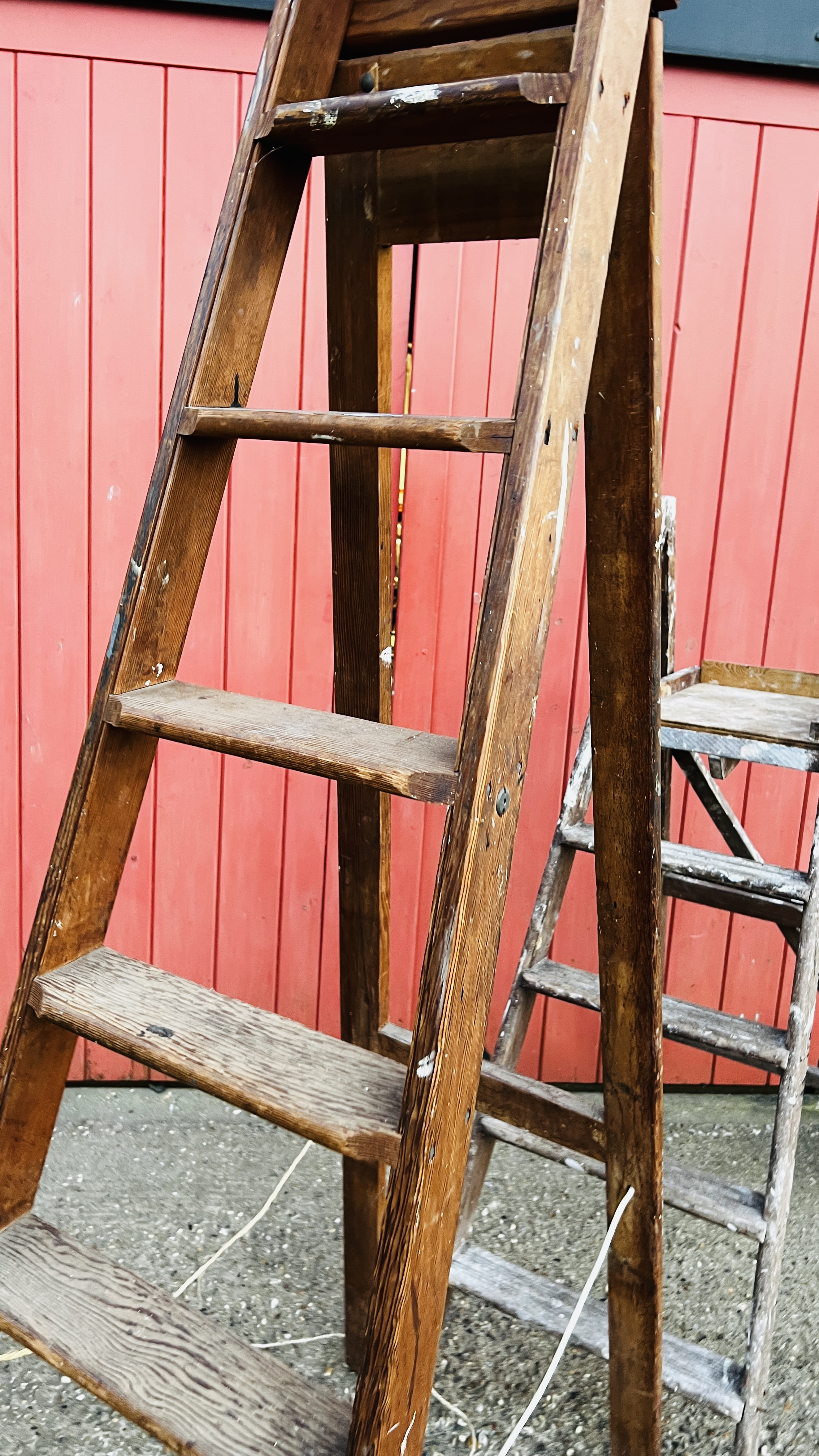 TWO SETS OF VINTAGE WOODEN LADDERS ONE HAVING PLAQUE TITLED "STEPHENS & CARTER LTD" LONDON - Image 14 of 16