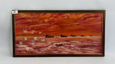 AN ORIGINAL OIL ON BOARD "FISHING TRAWLERS LOWESTOFT" BEARING SIGNATURE RICHARD CROW - W 58 X H