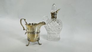 A CUT GLASS SILVER MOUNTED CRUETTE & STOPPER LONDON ASSAY - HEIGHT 17CM ALONG WITH A GEORGIAN STYLE