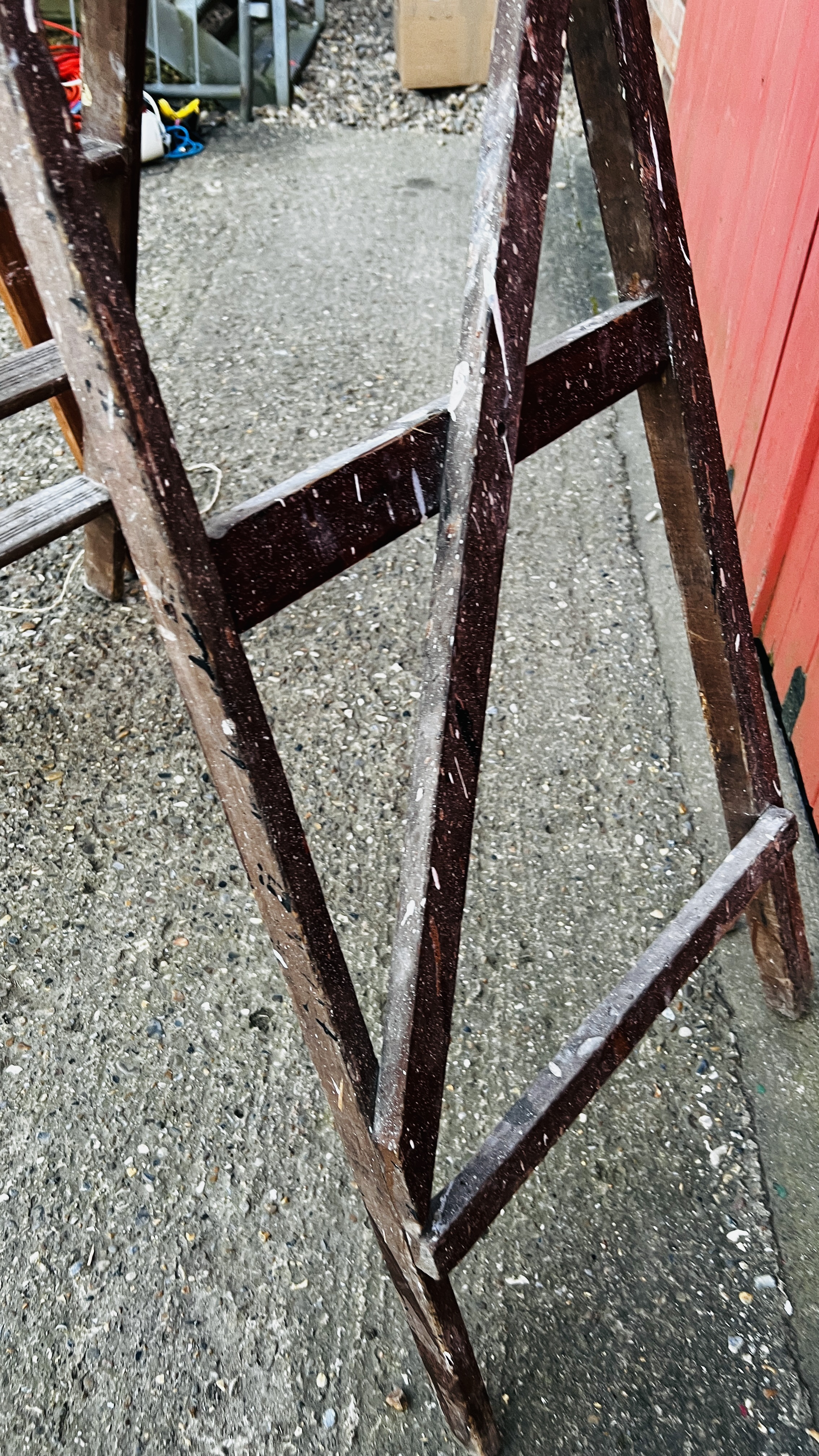 TWO SETS OF VINTAGE WOODEN LADDERS ONE HAVING PLAQUE TITLED "STEPHENS & CARTER LTD" LONDON - Image 6 of 16