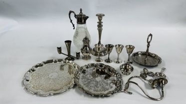 COLLECTION OF PLATED WARE INCLUDING CLARET JUG, SUGAR SIFTER TRAYS, CANDELABRA ETC.