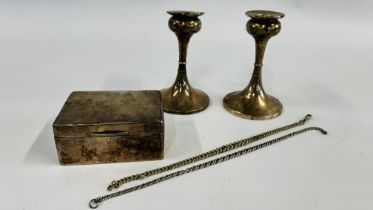 A SILVER CIGARETTE BOX ALONG WITH A SILVER WATCH CHAIN (BOX 11.25 X 8.