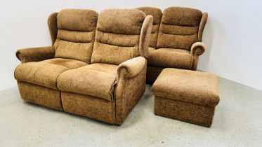 A PAIR OF GOOD QUALITY MODERN TWO SEATER SOFAS EACH WIDTH 140CM WITH MATCHING FOOTSTOOL.