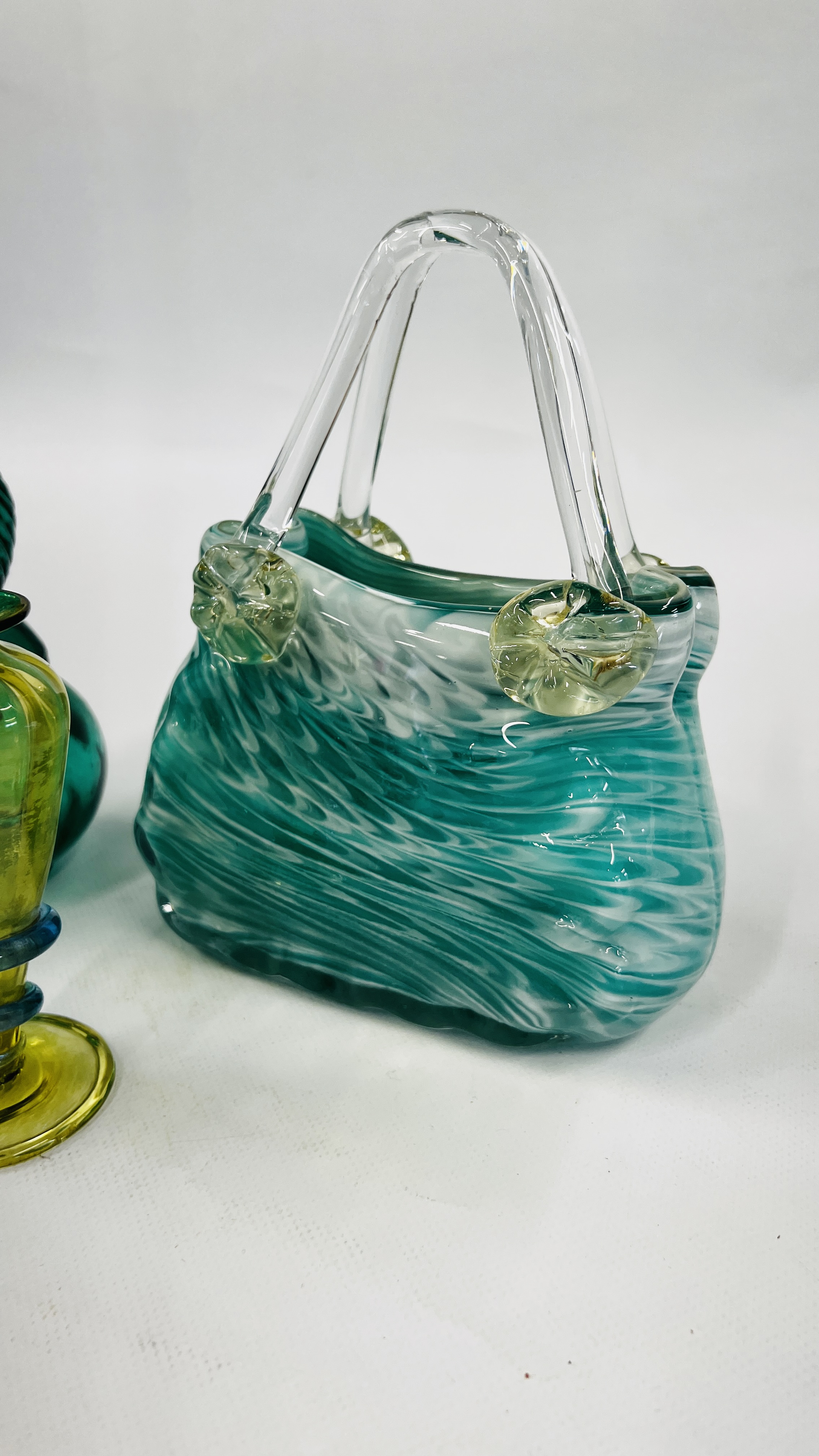 A VINTAGE GREEN GLASS BOTTLE MARKED "SHONFELDS" ALONG WITH AN ART GLASS BASKET AND A VICTORIAN - Image 5 of 7
