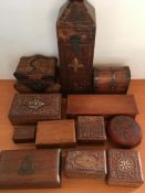 BOX WITH TWELVE VARIOUS WOODEN DISPLAY OR DECORATIVE BOXES ONE WITH '3 SIKH PIONEERS' EMBEM CARVED